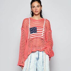 319 POL American Flag Black Open Knit Crochet Hoodie Top NWT Peach Echo